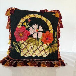 Vtg MCM Hand Hooked Wool Throw Toss Pillow Flower Basket 17x17" Cushion Tasseled